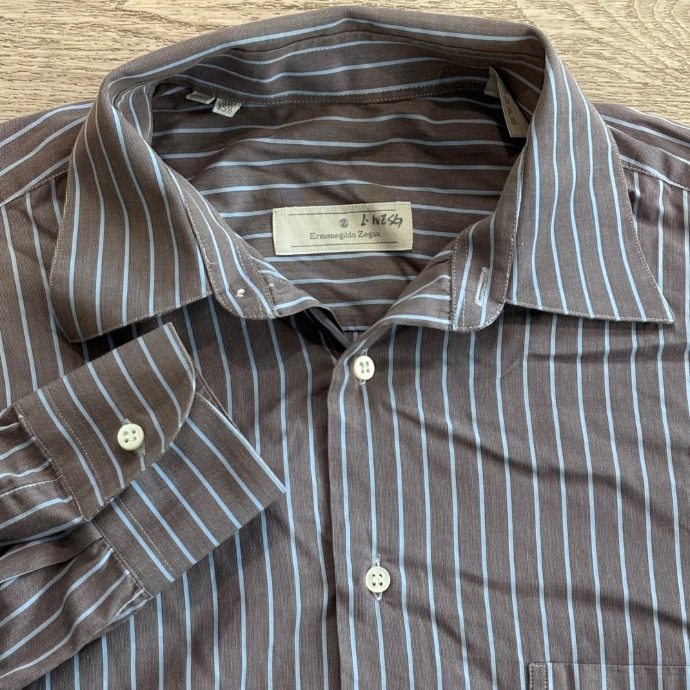 Ermenegildo Zegna Button Down Shirt Mens Large Brown Blue Striped Italy Preppy